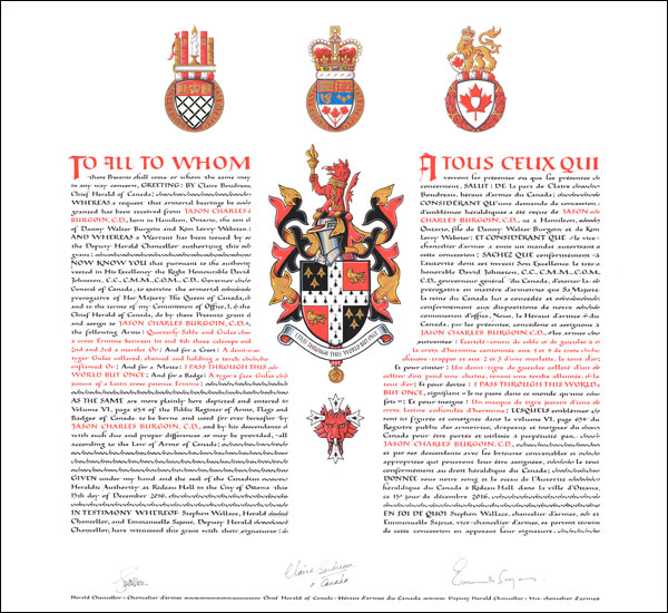 Letters patent granting heraldic emblems to Jason Charles Burgoin