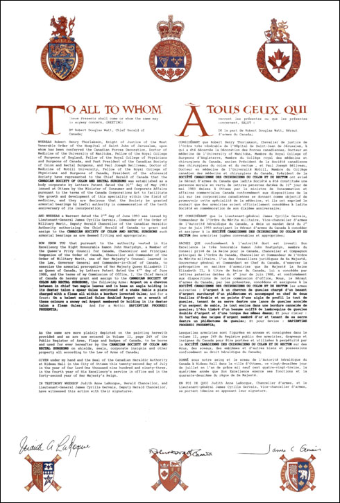Letters patent granting heraldic emblems to The Canadian Society of Colon and Rectal Surgeons