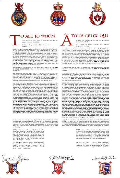 Letters patent granting heraldic emblems to the Town of Grand Falls-Windsor