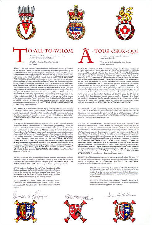 Letters patent granting heraldic emblems to the Montreal Diocesan Theological College