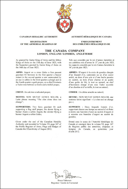 Letters patent registering the heraldic emblems of The Canada Company