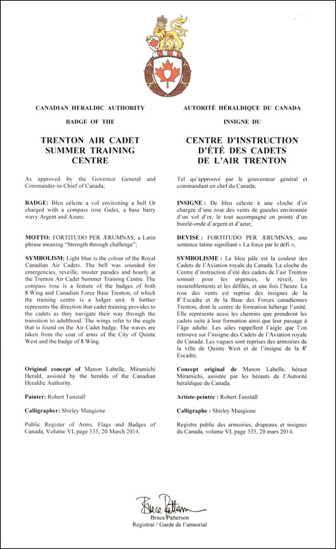 Letters patent approving the badge of the Trenton Air Cadet Summer Training Centre