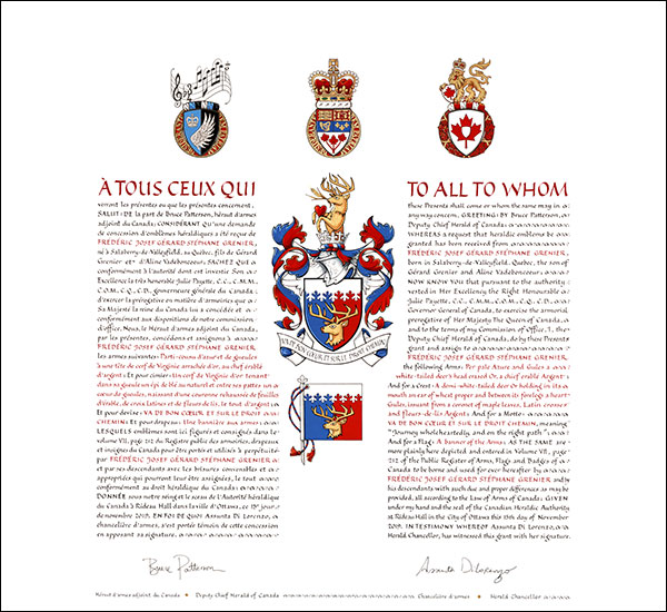 Letters patent granting heraldic emblems to Frédéric Josef Gérard Stéphane Grenier