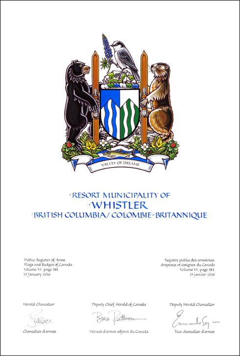 Letters patent granting heraldic emblems to the Resort Municipality of Whistler
