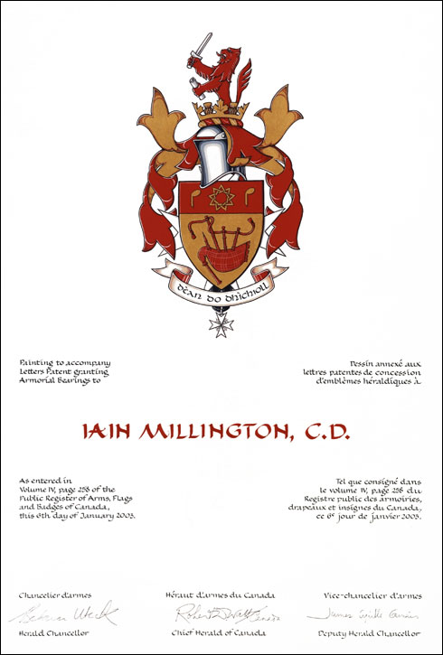 Letters patent granting heraldic emblems to Iain Millington