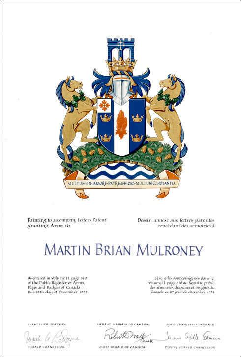 Letters patent granting heraldic emblems to Martin Brian Mulroney