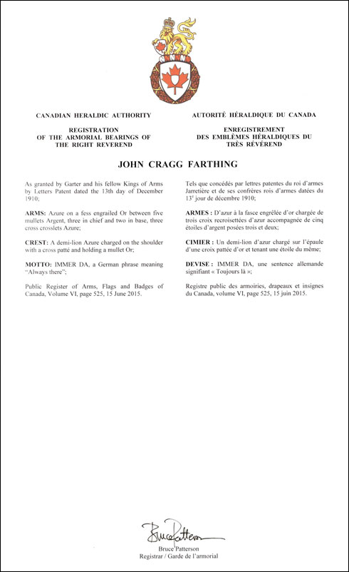 Lettres patentes enregistrant les emblèmes héraldiques de John Cragg Farthing