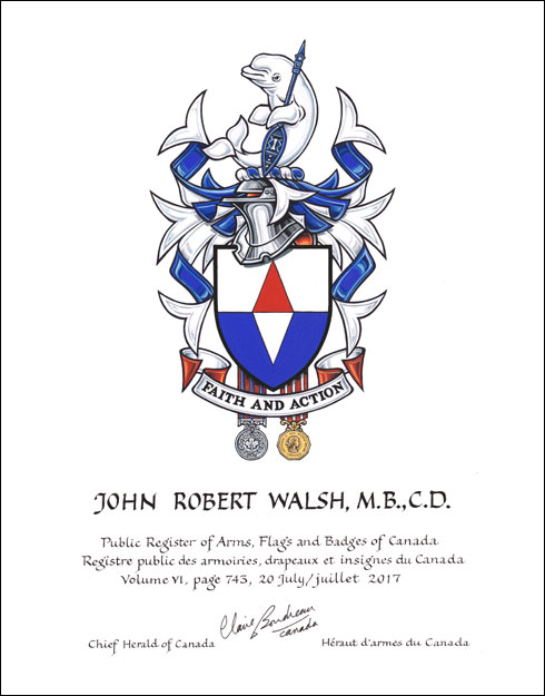 Letters patent granting heraldic emblems to  John Robert Walsh