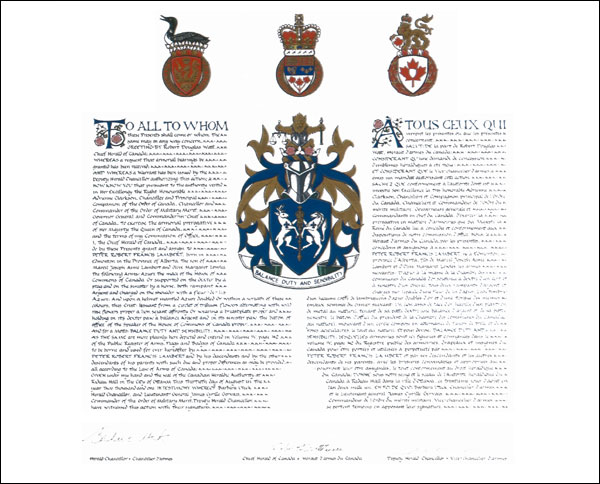 Letters patent granting heraldic emblems to Peter Robert Francis Lambert