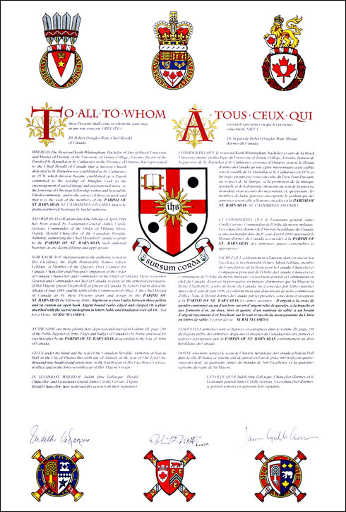 Letters patent granting heraldic emblems to the Parish of St. Barnabas