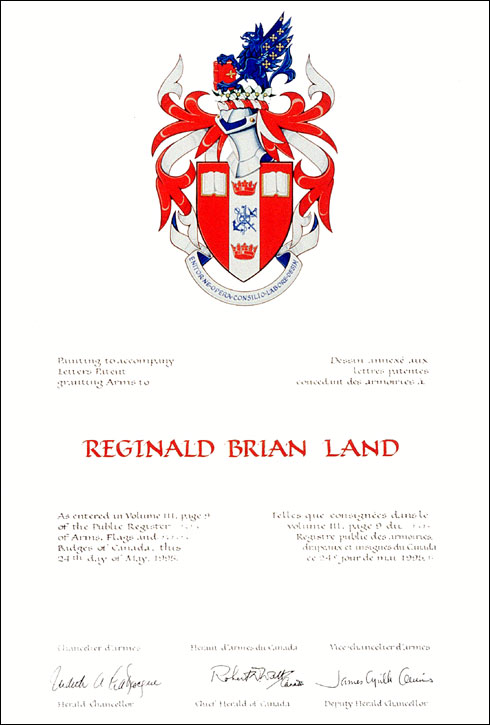 Letters patent granting heraldic emblems to Reginald Brian Land