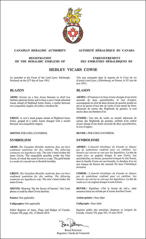 Letters patent registering the heraldic emblems of Hedley Vicars Cowie