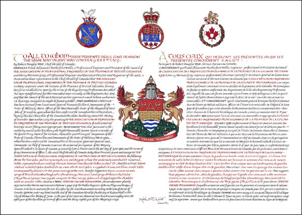 Letters patent granting heraldic emblems to The Association of Professional Engineers of The Province of British Columbia