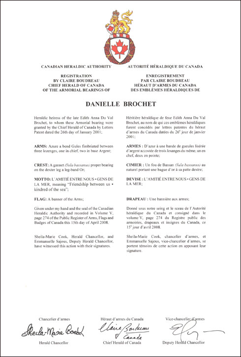 Letters patent registering the heraldic emblems of Danielle Brochet