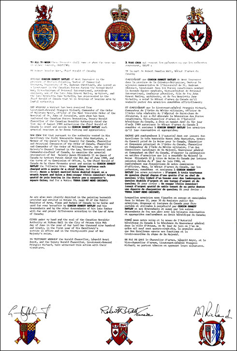 Letters patent granting heraldic emblems to Joseph Marcel Bruno Pépin