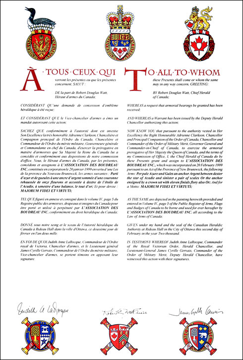 Letters patent granting heraldic emblems to L'Association des Boudreau Inc.