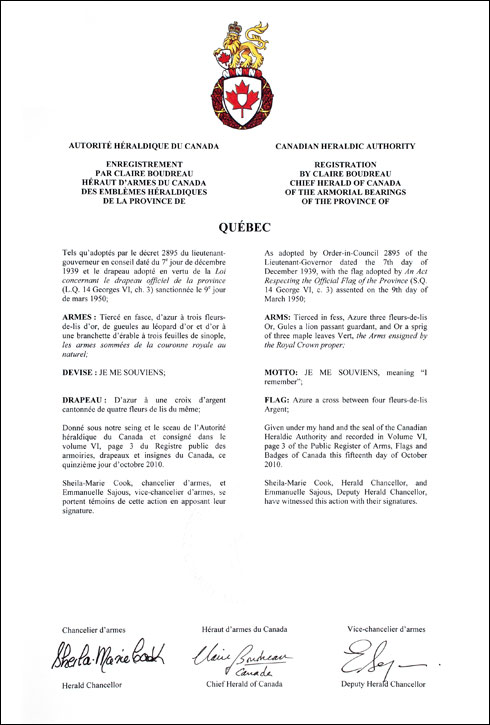 Letters patent registering the heraldic emblems of the Province of Quebec