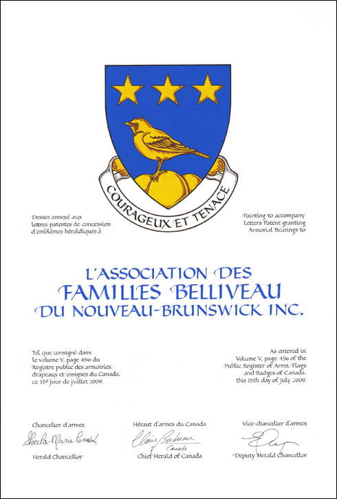 Letters patent granting heraldic emblems to L'Association des Familles Belliveau du Nouveau-Brunswick Inc.