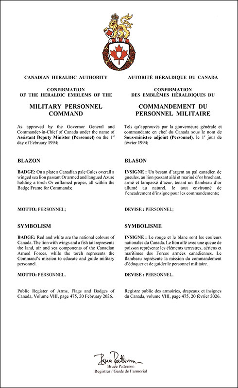 Lettres patentes confirmant l’insigne du Commandement du personnel militaire