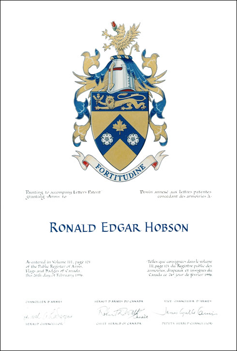 Letters patent granting heraldic emblems to Ronald Edgar Hobson
