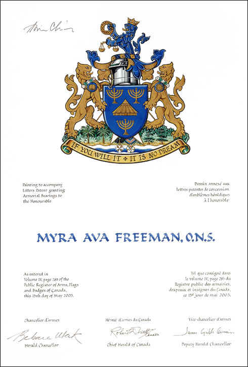 Letters patent granting heraldic emblems to Myra Ava Freeman