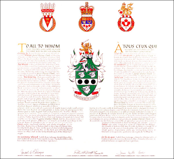 Letters patent granting heraldic emblems to James Thomas Flood