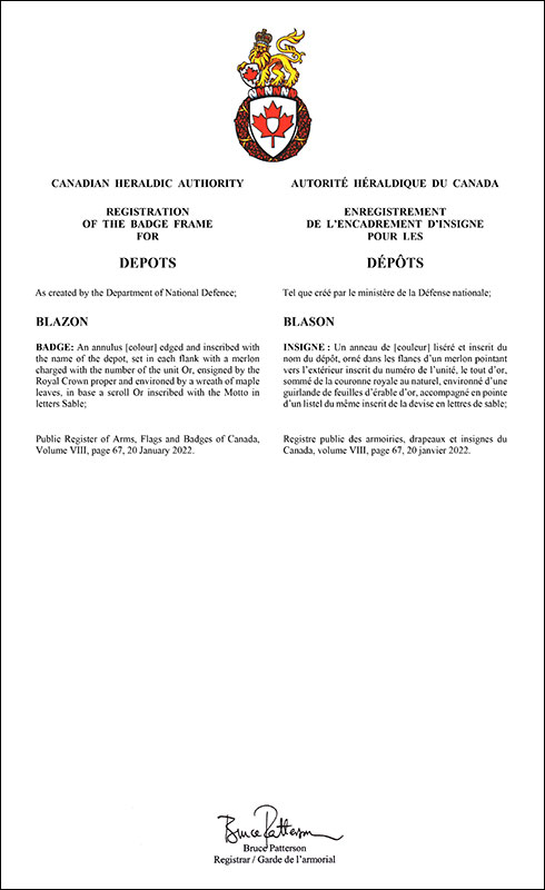 Lettres patentes enregistrant l'encadrement d'insigne pour les dépôts des Forces armées canadiennes