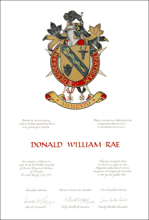Letters patent registering the heraldic emblems of Donald William Rae