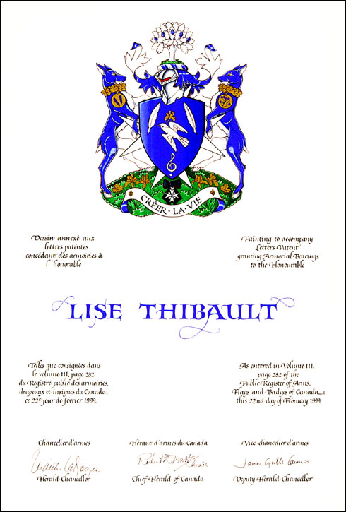 Letters patent granting heraldic emblems to Lise Thibault