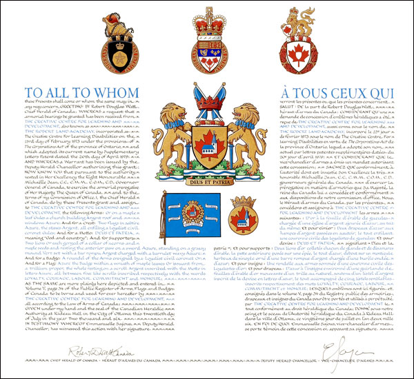 Letters patent granting heraldic emblems to The Creative Centre for Learning and Development (Robert Land Academy)