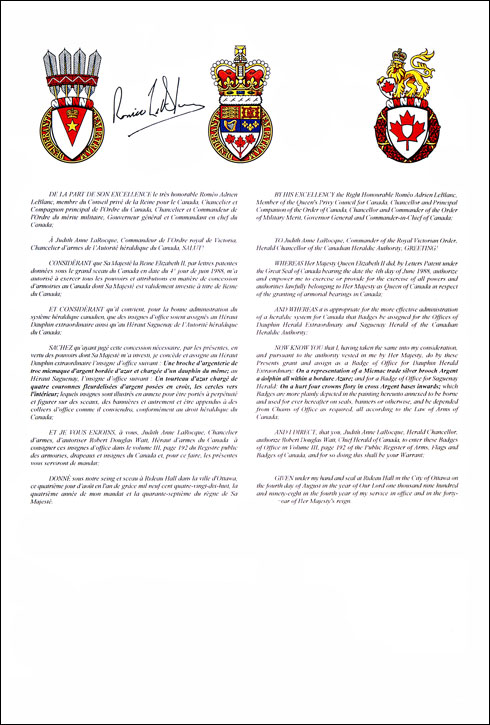 Vice Regal Warrant granting heraldic emblems to the Dauphin Herald Extraordinary and Saguenay Herald of the Canadian Heraldic Authority