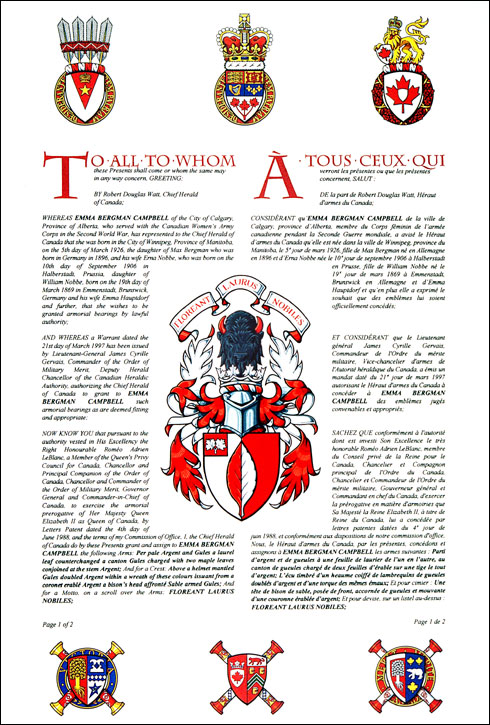 Letters patent granting heraldic emblems to Emma Bergman Campbell