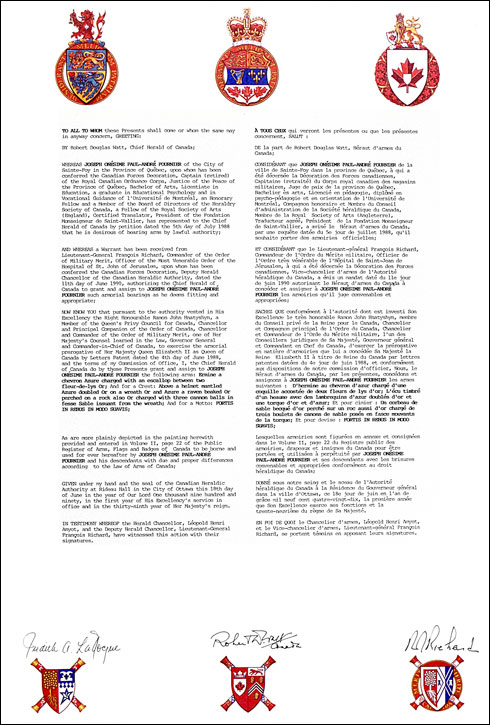 Letters patent granting heraldic emblems to Joseph Onésime Paul-André Fournier