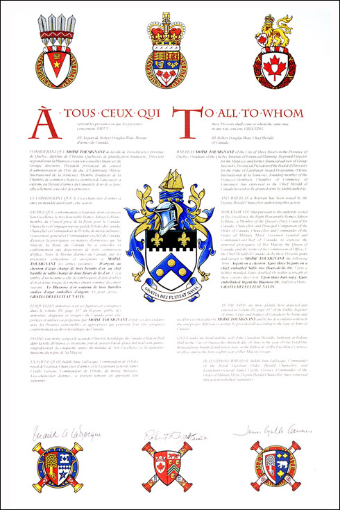 Letters patent granting heraldic emblems to Moïse Tousignant