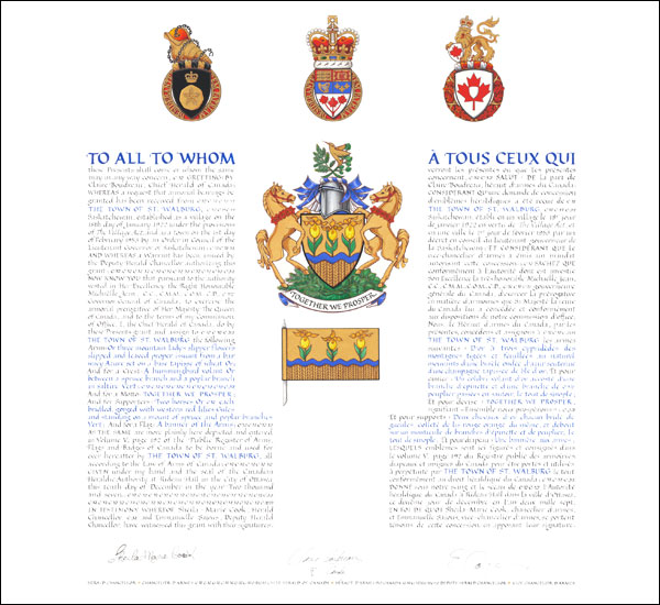 Letters patent granting heraldic emblems to The Town of St. Walburg
