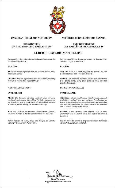 Letters patent registering the heraldic emblems of Albert Edward McPhillips