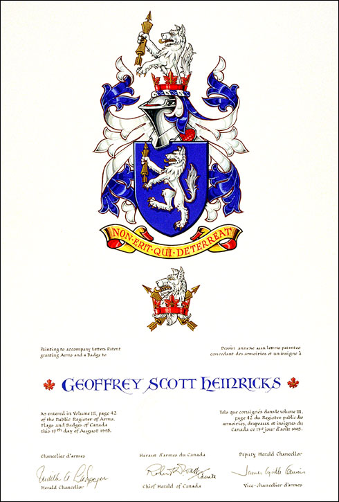 Letters patent granting Armorial Bearing to Geoffrey Scott Heinricks