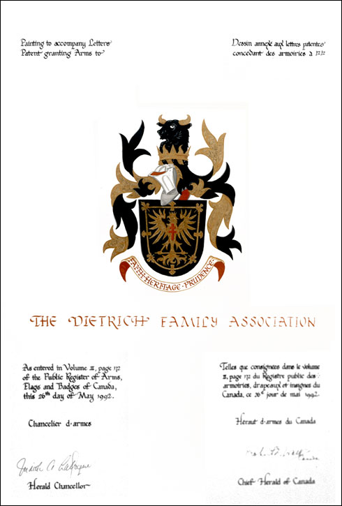 Lettres patentes concédant des emblèmes héraldiques à The Dietrich Family Association