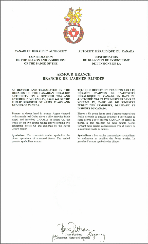 Lettres patentes confirmant le blasonnement de l'insigne de la Branche de l'armée blindée