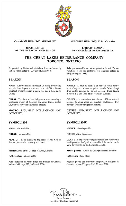 Letters patent registering the heraldic emblems of The Great Lakes Reinsurance Company