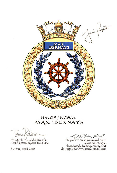 Letters patent approving the heraldic emblems of HMCS Max Bernays