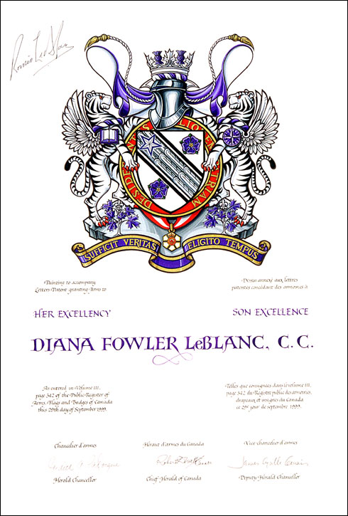 Letters patent granting heraldic emblems to Diana Fowler LeBlanc