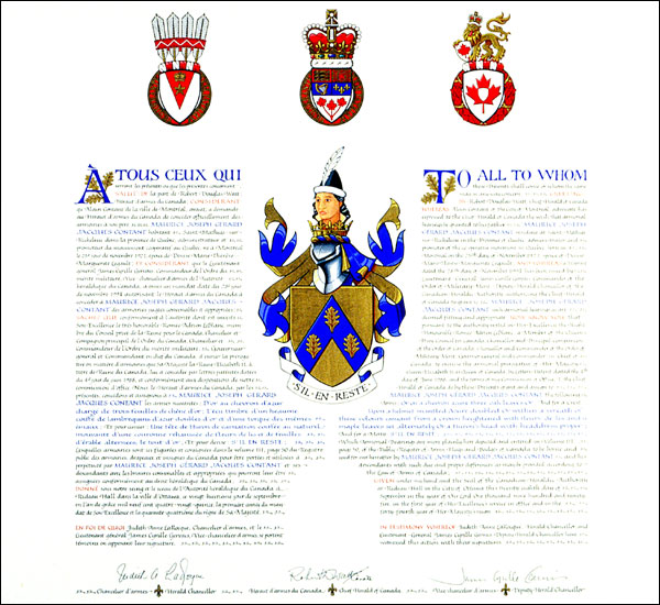 Letters patent granting Armorial Bearing to Maurice Joseph Gérard Jacques Contant