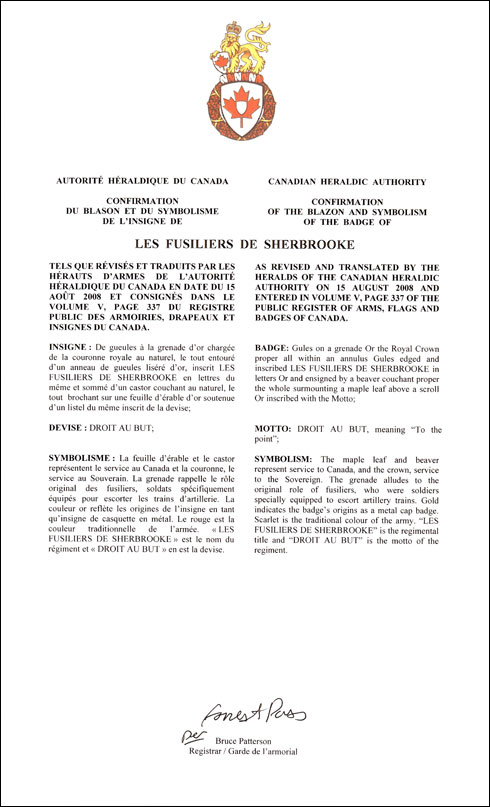 Letters patent confirming the blazon of the Badge of  Les Fusiliers de Sherbrooke