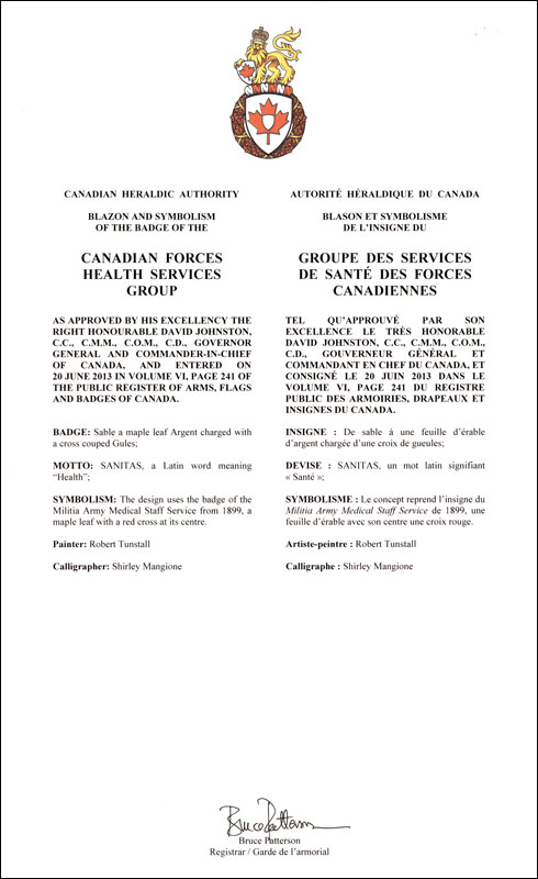 Letters patent approving the Badge of the Canadian Forces Health Services Group
