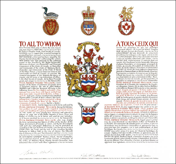 Lettres patentes concédant des emblèmes héraldiques à Peter Andrew Stewart Milliken