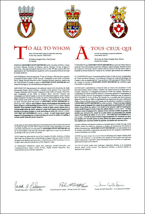 Letters patent granting Armorial Bearing to Geoffrey Scott Heinricks
