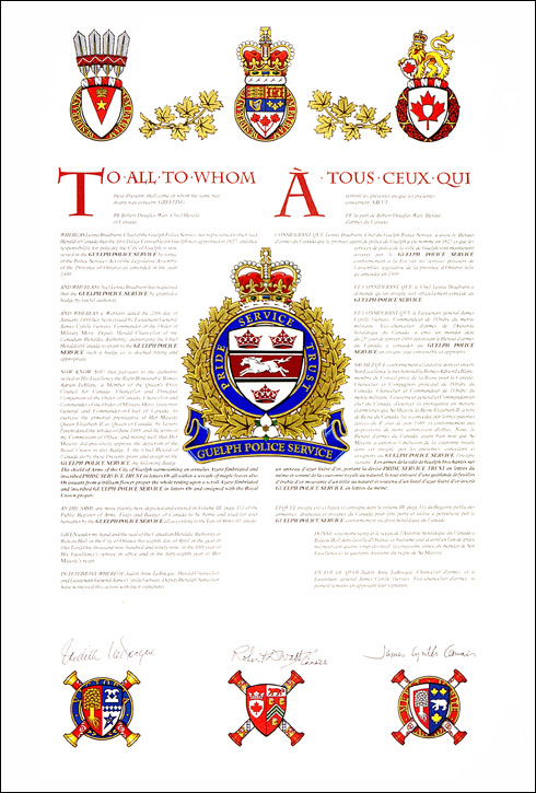 Letters patent granting heraldic emblems to the Guelph Police Service