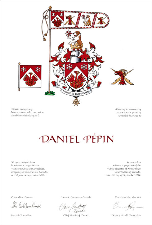 Letters patent granting heraldic emblems to Daniel Pépin