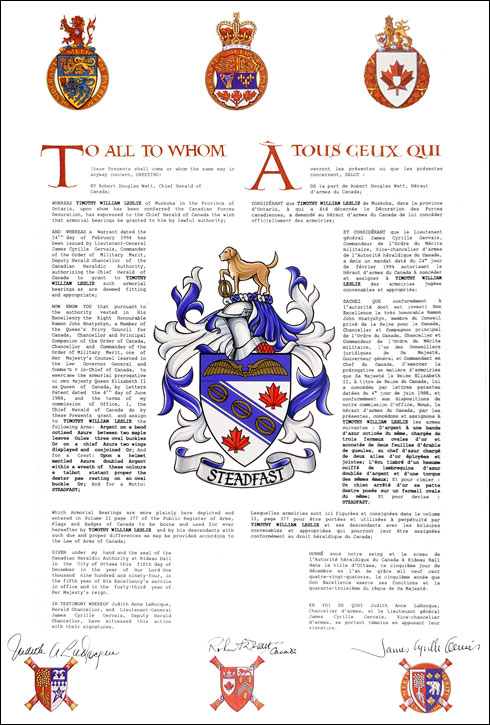 Letters patent granting heraldic emblems to Timothy William Leslie